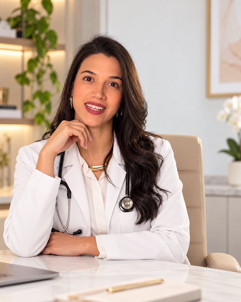 Dra. Raiza Carneiro sorrindo, sentada em seu consultório